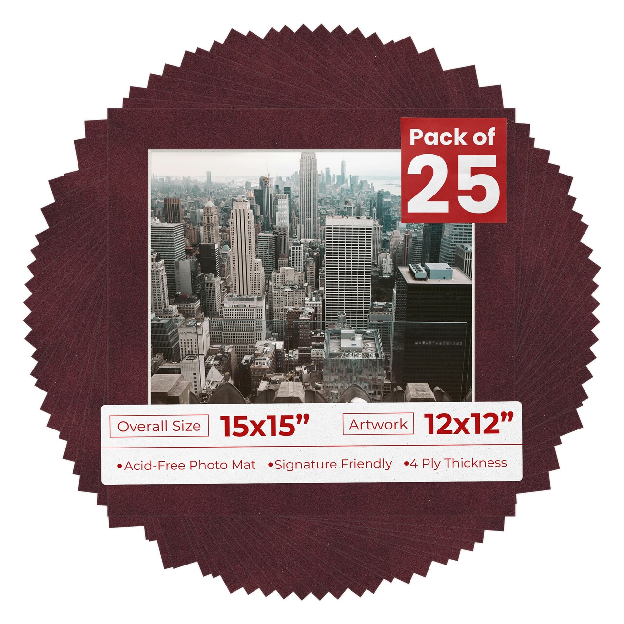 Dark Red Suede Mat Board for 15x15 Frames - Fits 12x12 Photos